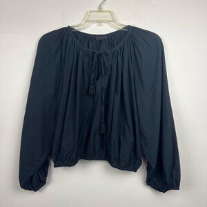 J Crew Women's Black Tassel Tie Front Cropped Long Sleeve Top Size XL